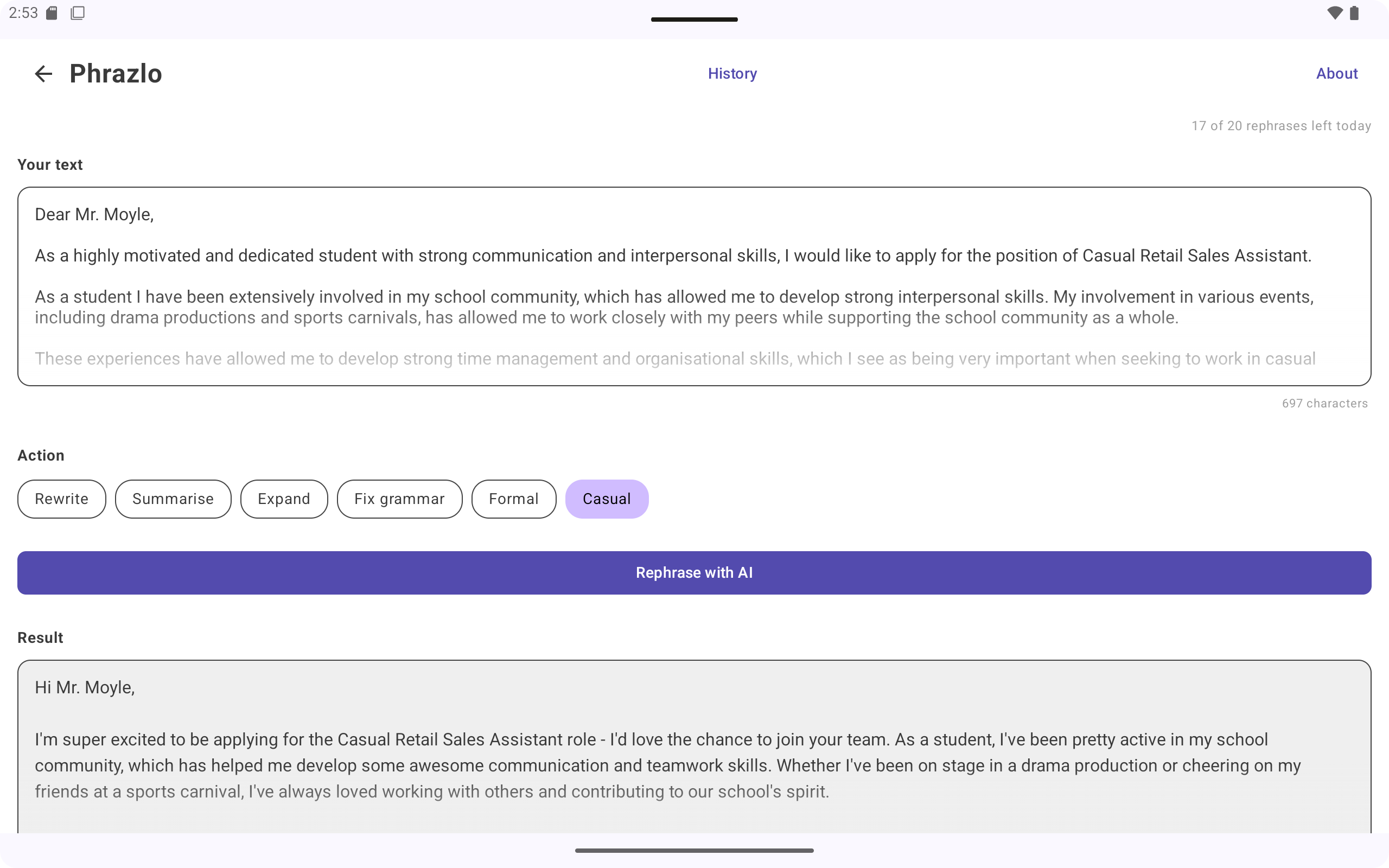Phrazlo on Android tablet — Casual tone converting a formal cover letter back into friendly conversational language