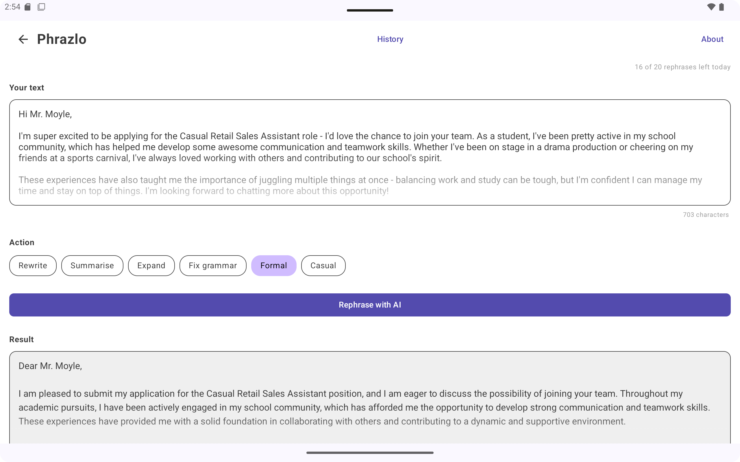 Phrazlo on Android tablet — Formal tone transforming a casual job application cover letter into professional writing