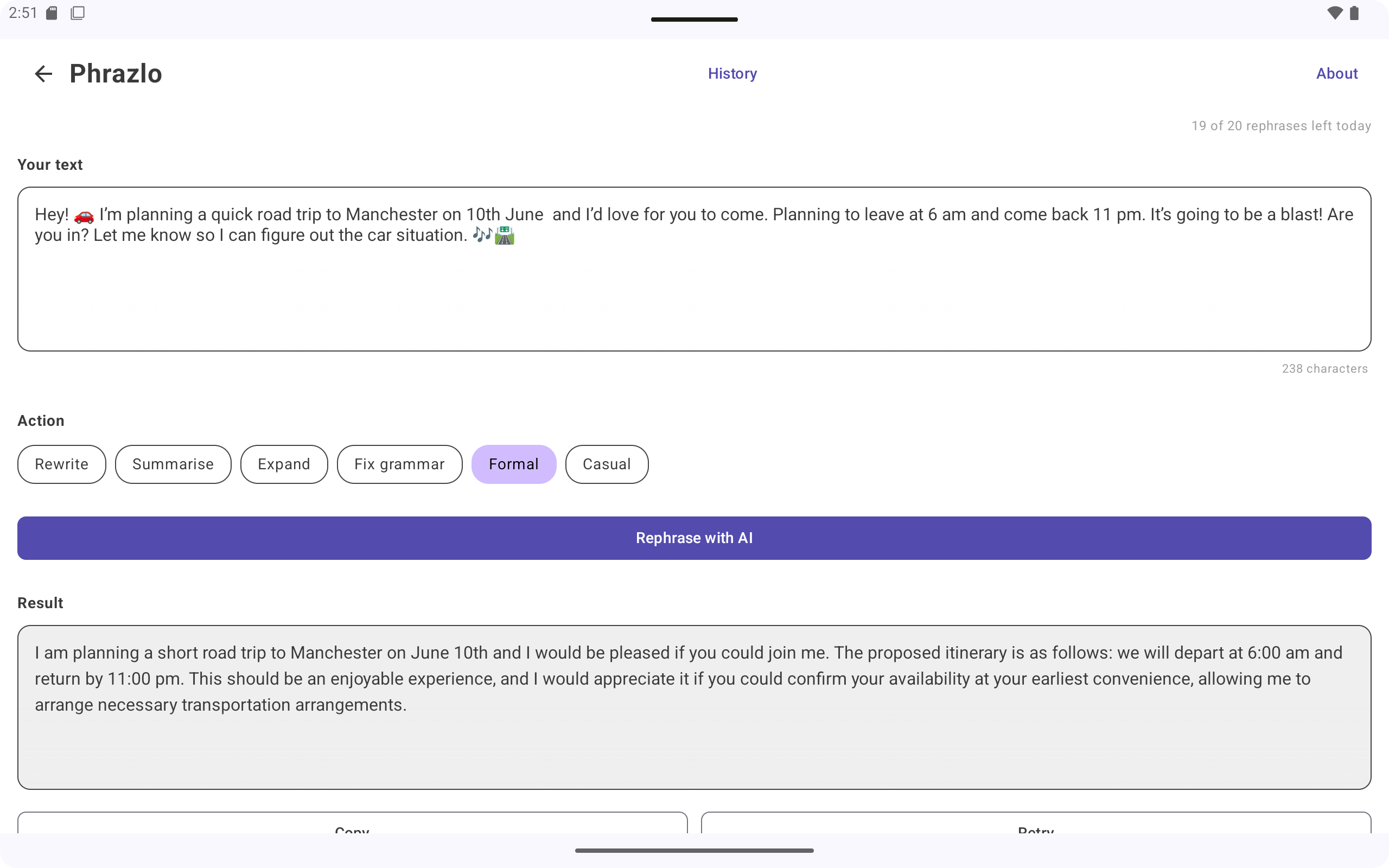 Phrazlo on Android tablet — Formal tone converting a casual road trip invitation into professional language