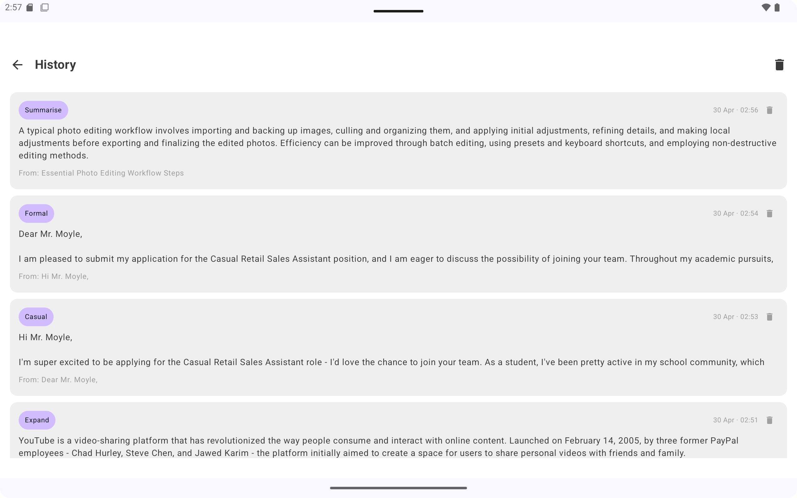 Phrazlo on Android tablet — History screen showing a full log of summarise, formal, casual, and expand rewrites with timestamps
