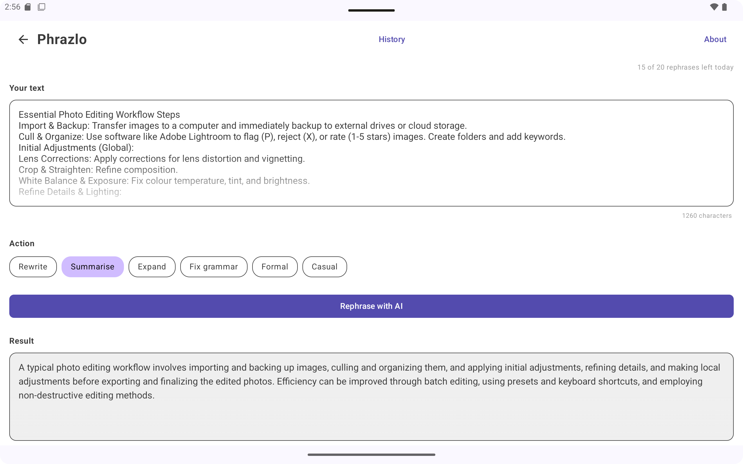 Phrazlo on Android tablet — Summarise action condensing a long photo editing workflow guide into three concise sentences