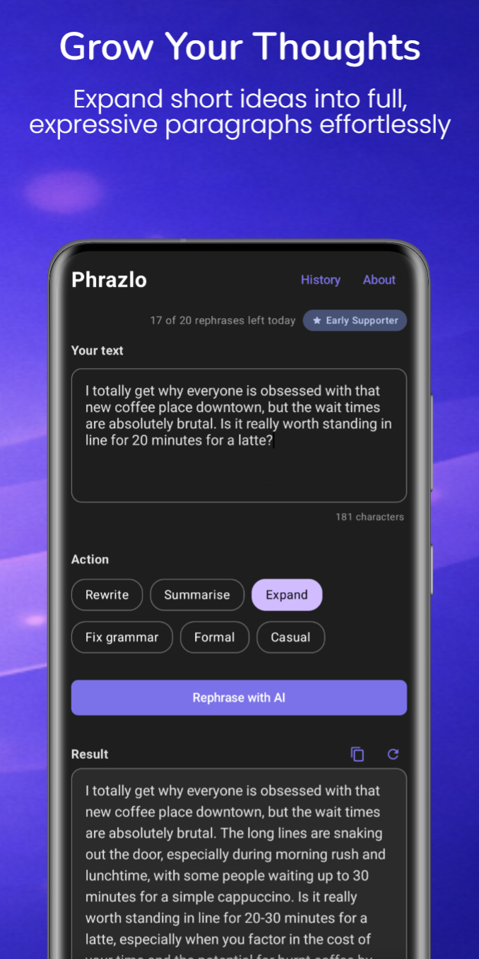 Phrazlo Grow Your Thoughts — Expand short ideas into expressive paragraphs.