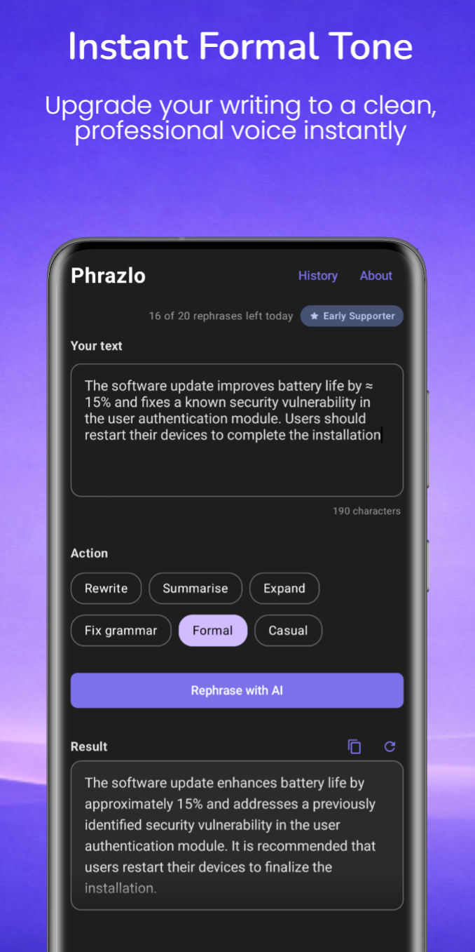 Phrazlo Instant Formal Tone — Upgrade your writing to a clean, professional voice.