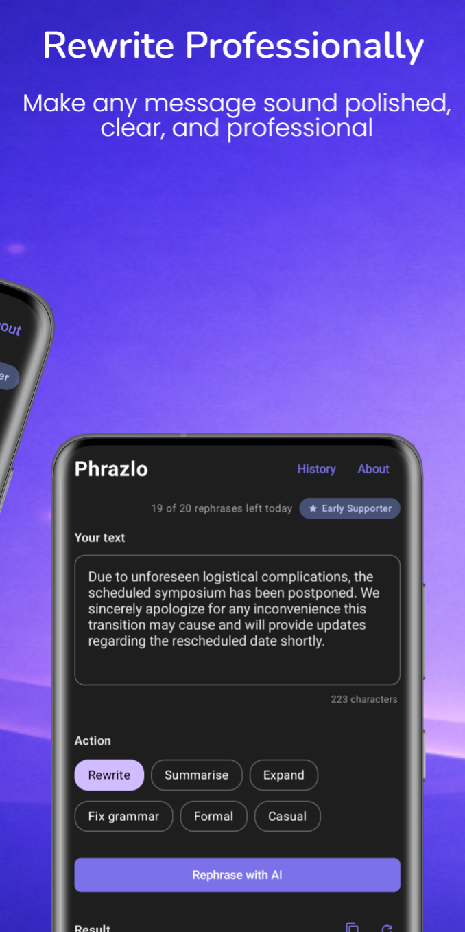 Phrazlo Rewrite Professionally — Make any message sound polished and clear.
