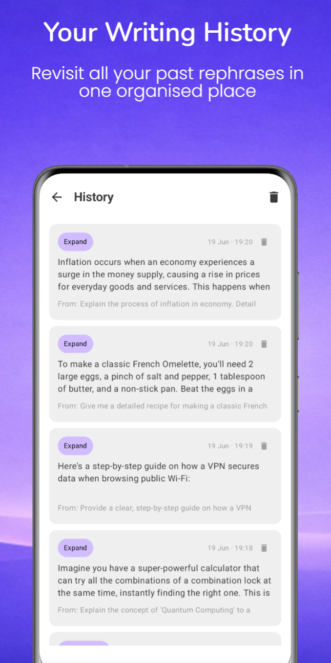 Phrazlo Your Writing History - Revisit all your past rephrases in one place.